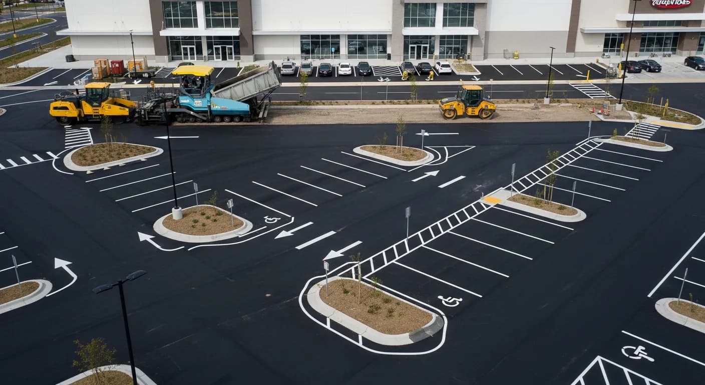 Asphaltierung eines Handelsketten-Parkplatzes