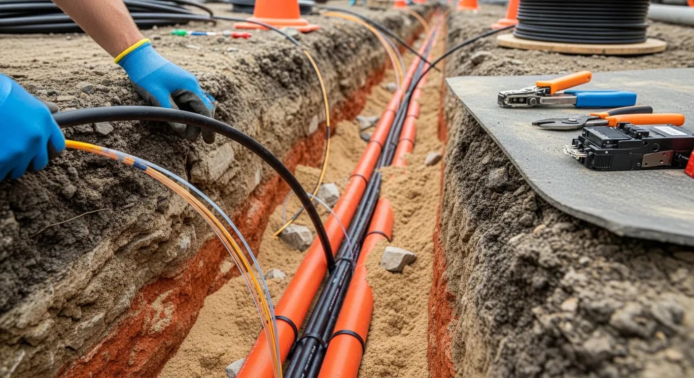 Glasfaser-Verlegung im Graben - Breitbandausbau Projekt